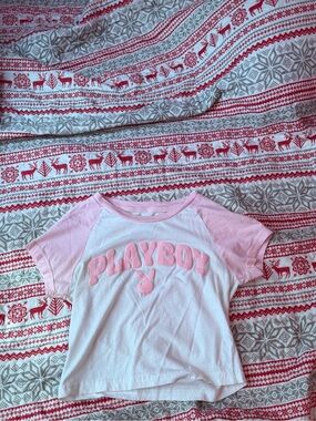 PLAYBOY Pink & White Raglan Logo Tee for Kids